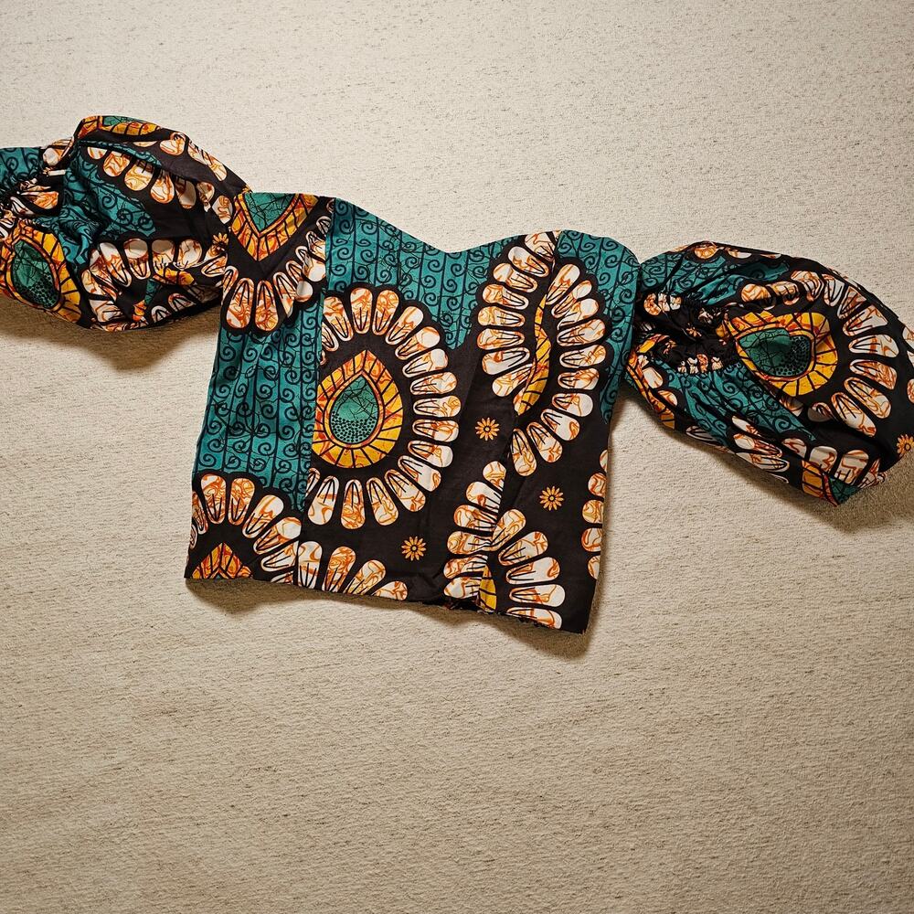 African Floral Size S Puff Sleeve Crop Top Smocked Boho Festival Y2K Cottagecore - Picture 6 of 15
